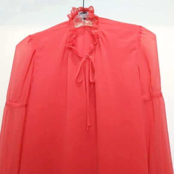 Romantic Red Ruffled Collar Long Sleeve Banded Pleated Cuff Flowy TunicTop SzS - Picture 2 of 11